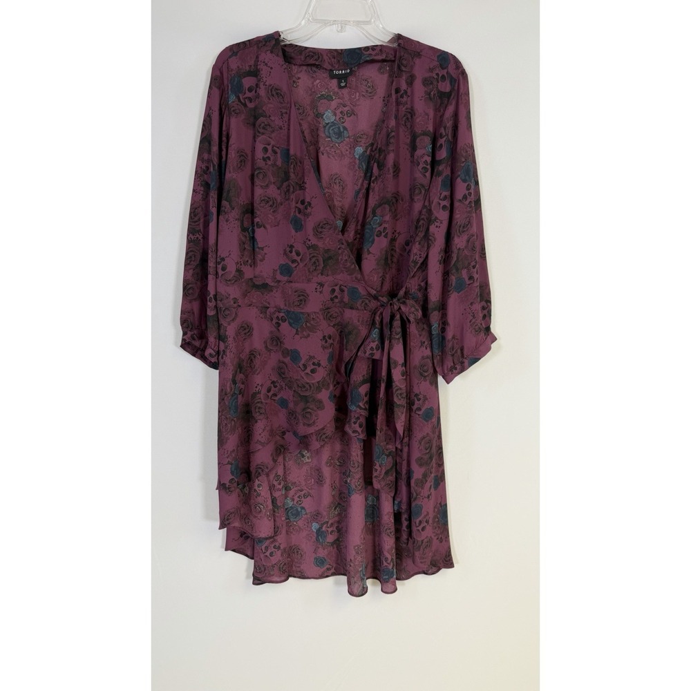 Torrid Size 1 Purple Floral Skull Wrap Top Tunic Goth Whimsigoth